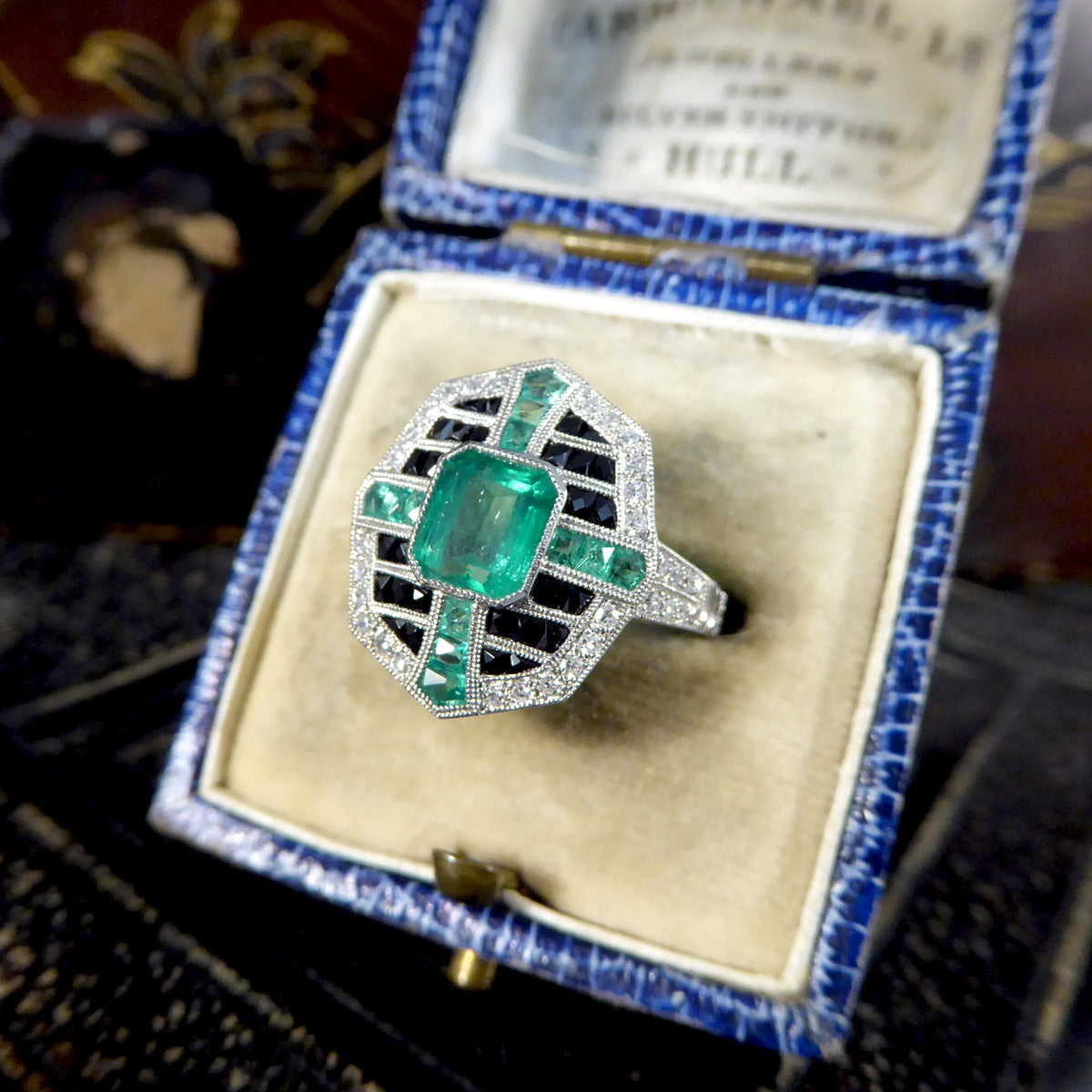 Art Deco Style Vintage Emerald Onyx and Diamond Geometric Cluster Ring in Platinum