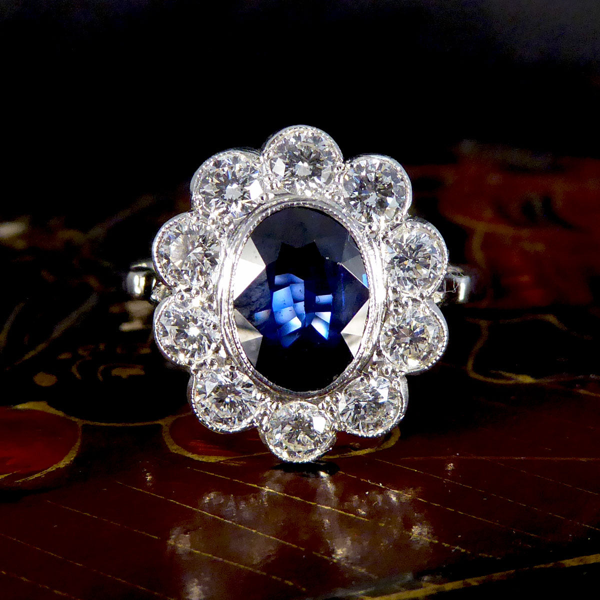 2.07ct Sapphire and 0.95ct Total Diamond Cluster Ring in Platinum
