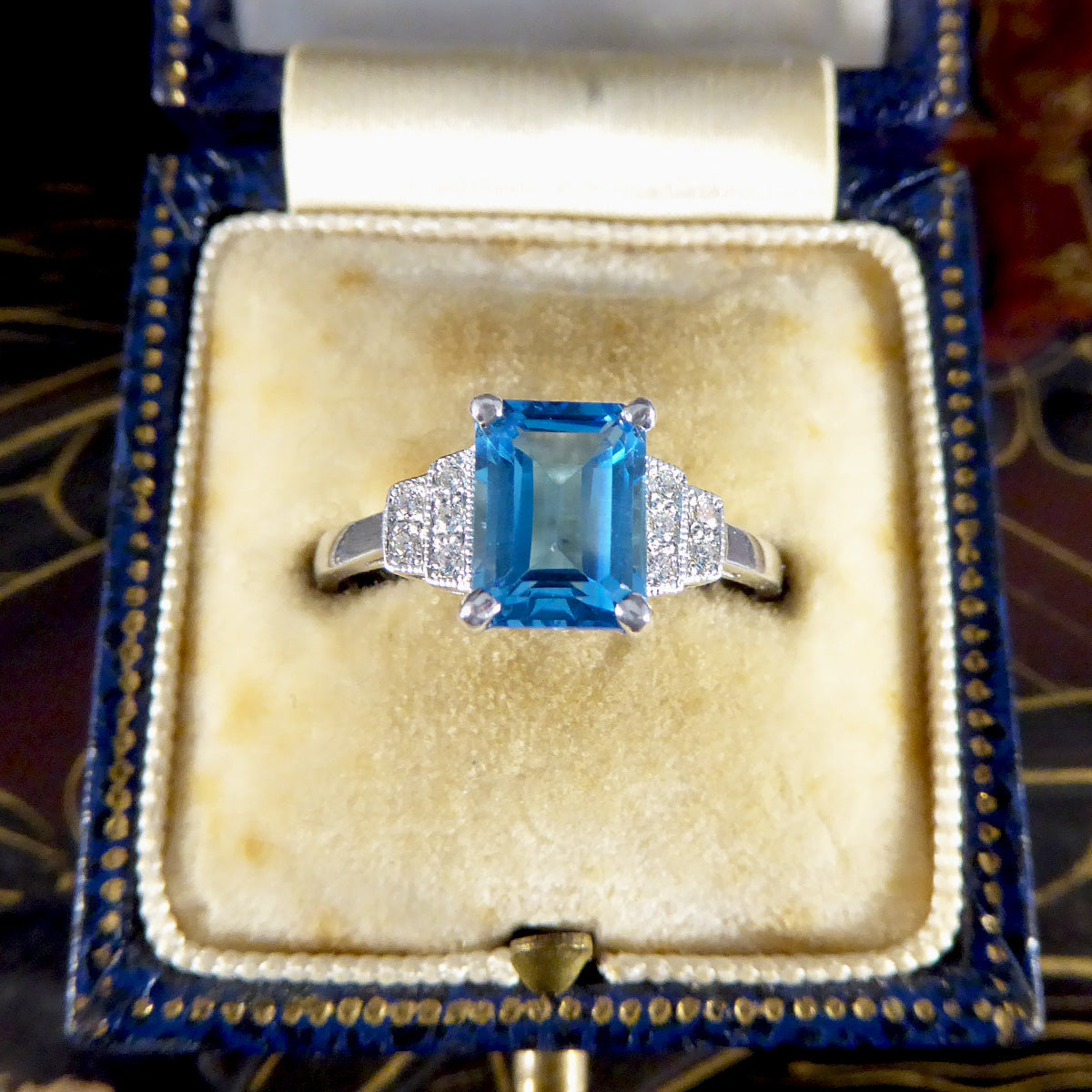 Art Deco Replica Blue Topaz and Diamond Ring in 9ct White Gold