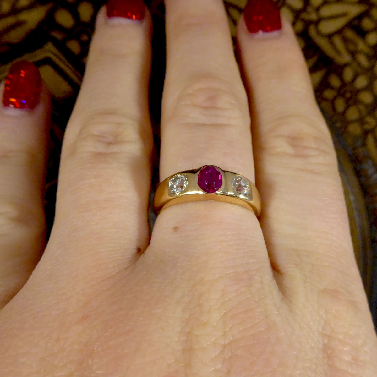 Late Victorian Ruby and Diamond Gypsy Set Band in 18ct Yellow Gold
