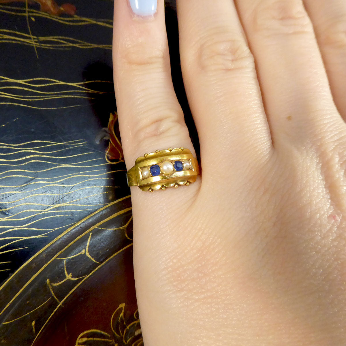 Antique Late Victorian Sapphire and Pearl Five Stone Ring in 15ct Yellow Gold