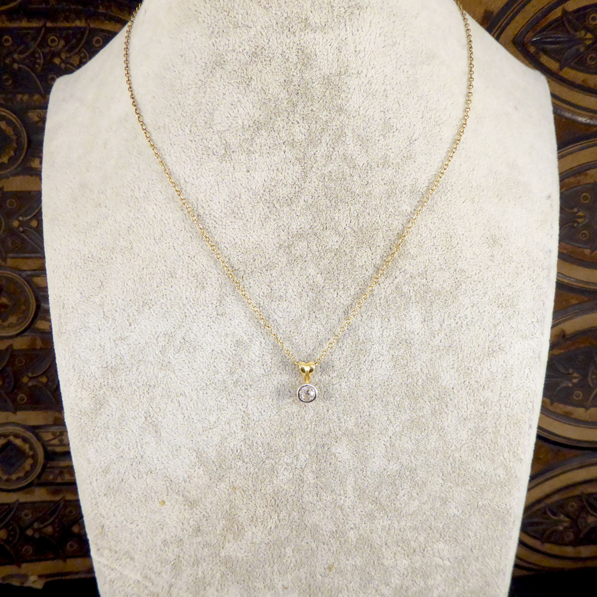 Vintage 0.50ct Old Cut Diamond Rub Over Pendant in 18ct White and Yellow Gold with 9ct Yellow Gold Chain