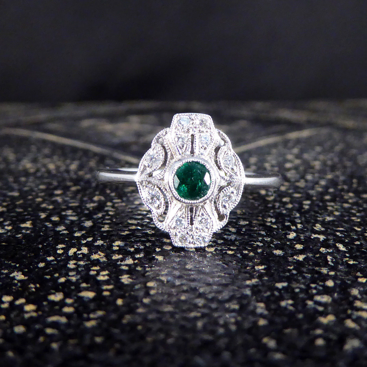 Premium Period Art Deco Replica Emerald and Diamond Plaque Ring in 18ct White Gold