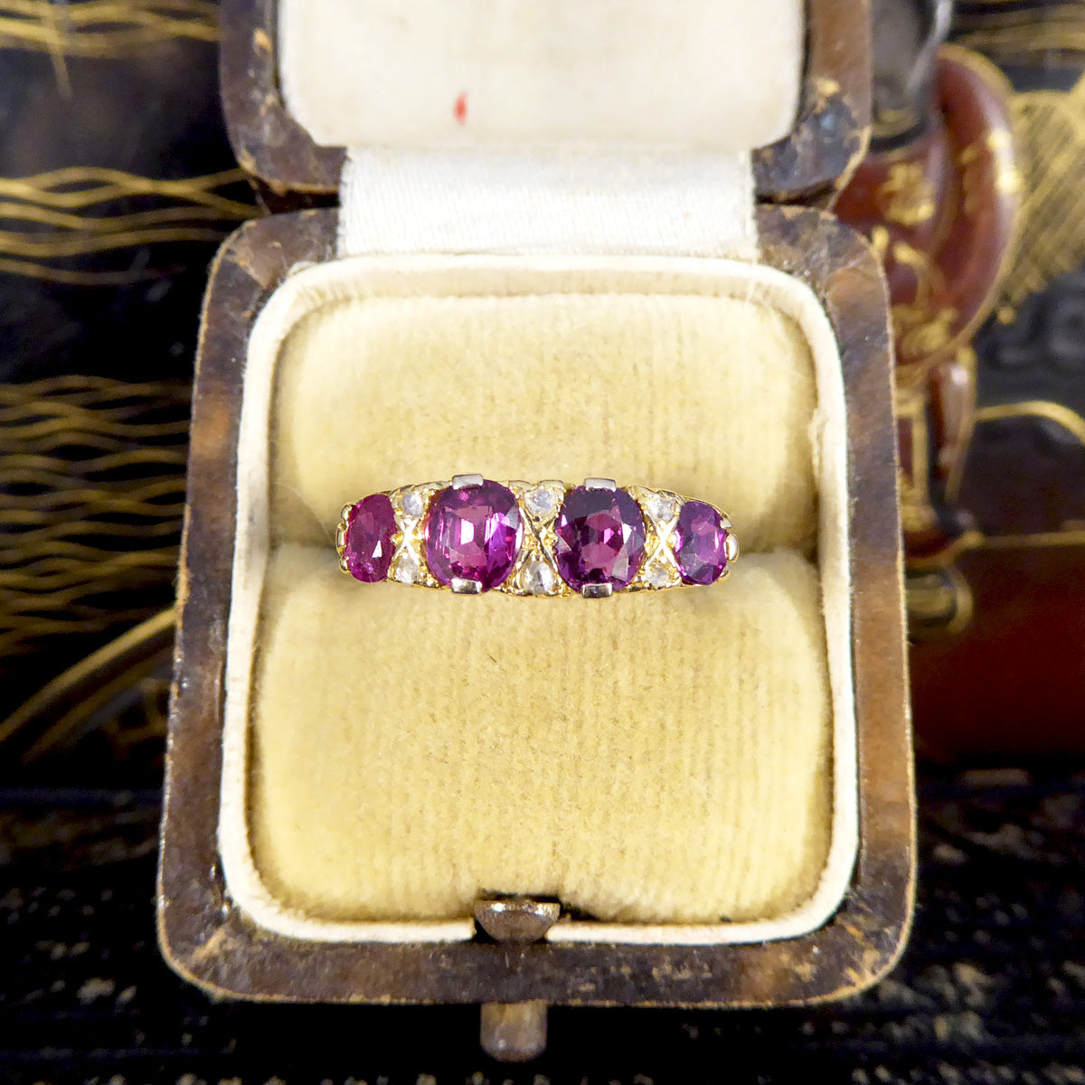 Antique Edwardian 1.18ct Ruby Four Stone Ring with Diamond Spacers Modelled in 18ct Yellow Gold