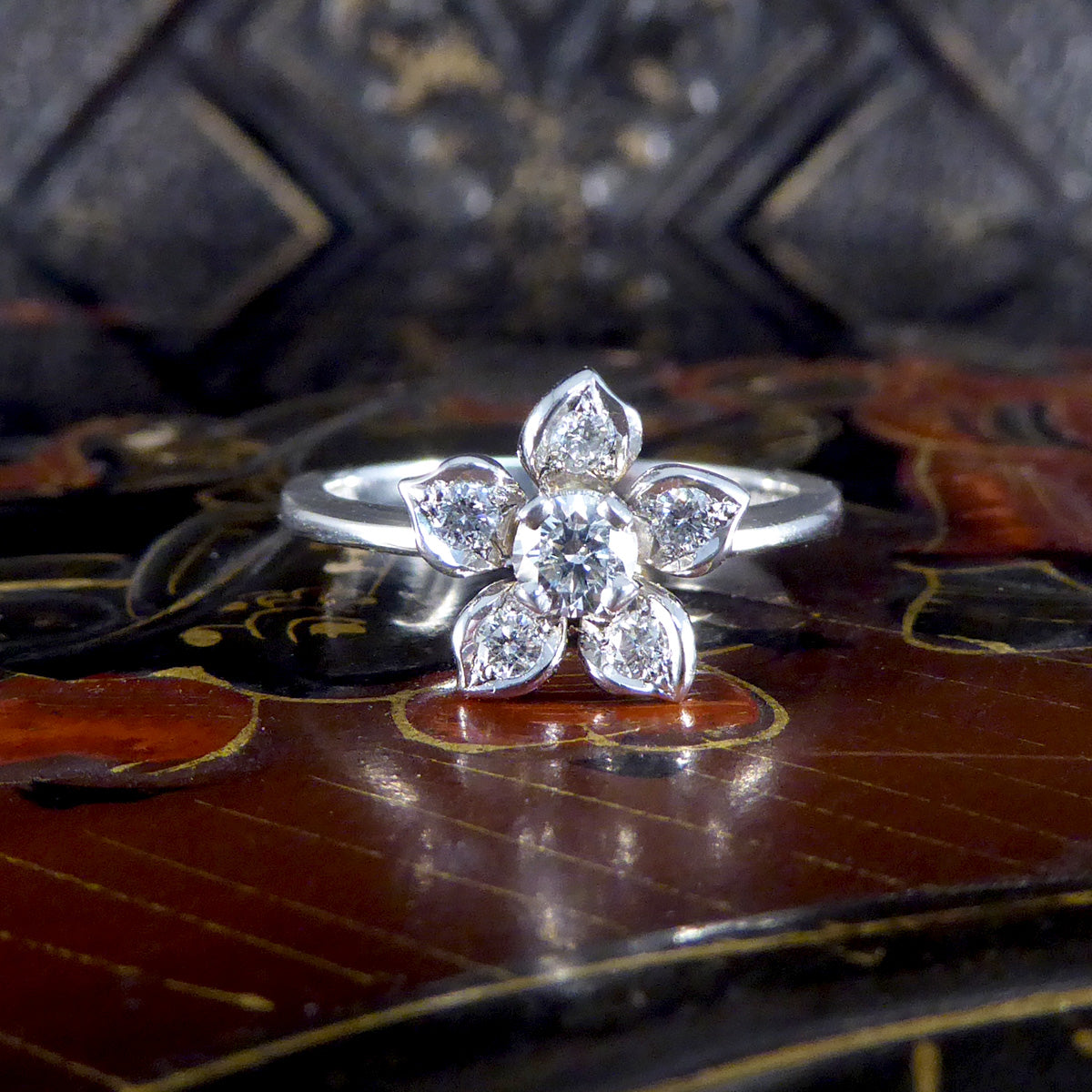 Modern Diamond Set Flower Ring in 18ct White Gold
