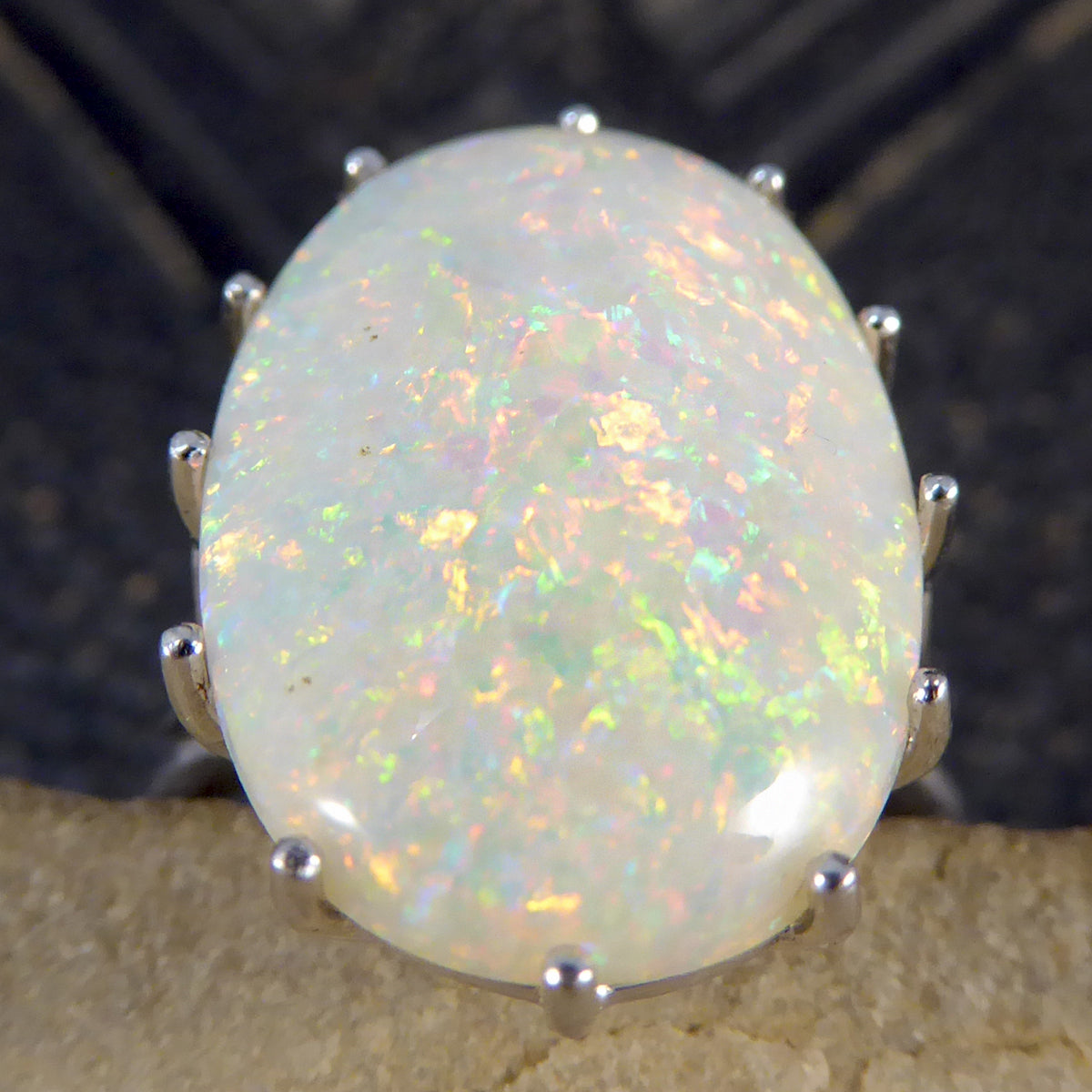 Contemporary Single Oval Colourful Opal Ring in 18ct White Gold