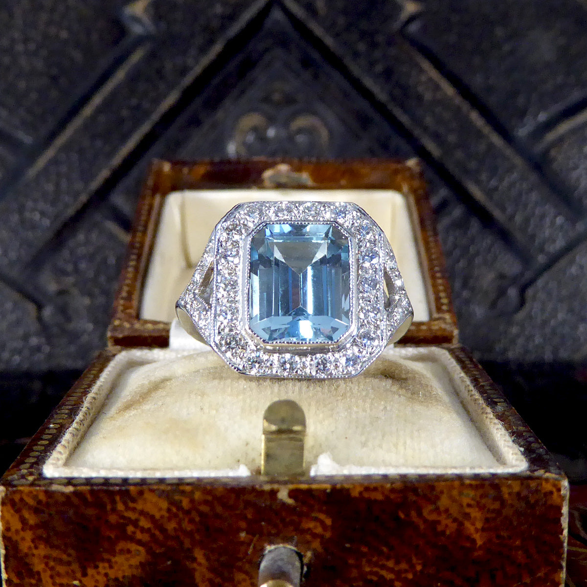 Art Deco Inspired 2.90ct Aquamarine and Diamond Cluster Ring with Diamond Shoulders in Platinum