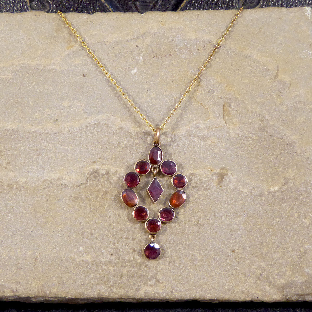 Antique Georgian Foiled Closed Back Garnet Drop Pendant Necklace in 9ct Yellow Gold