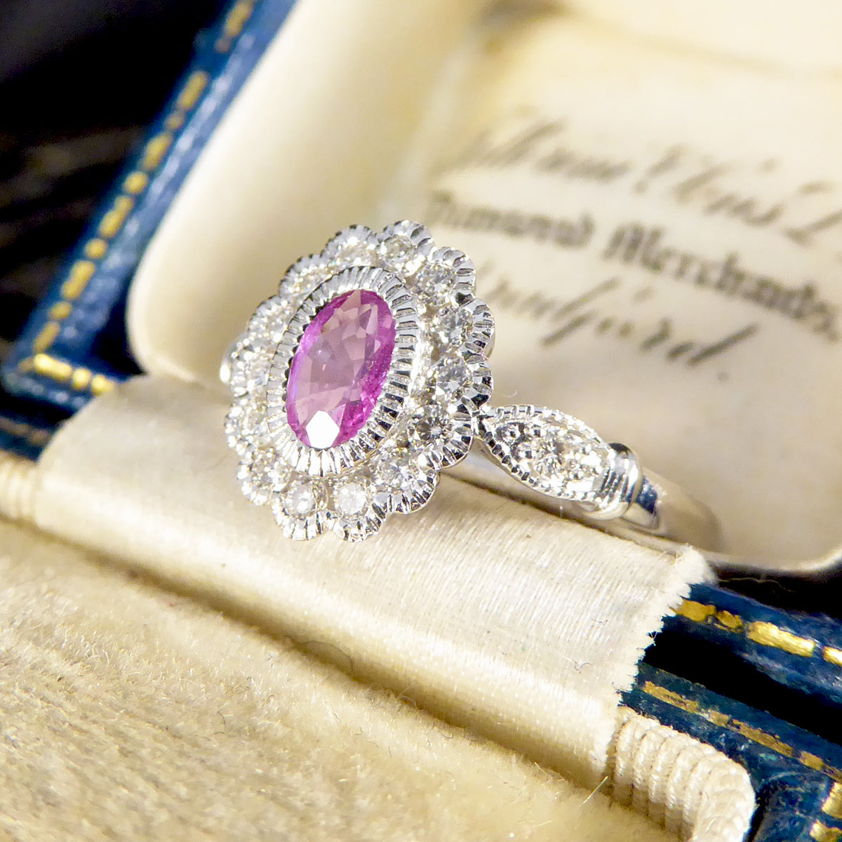 New Pink Sapphire and Diamond Cluster Ring Mounted in Platinum