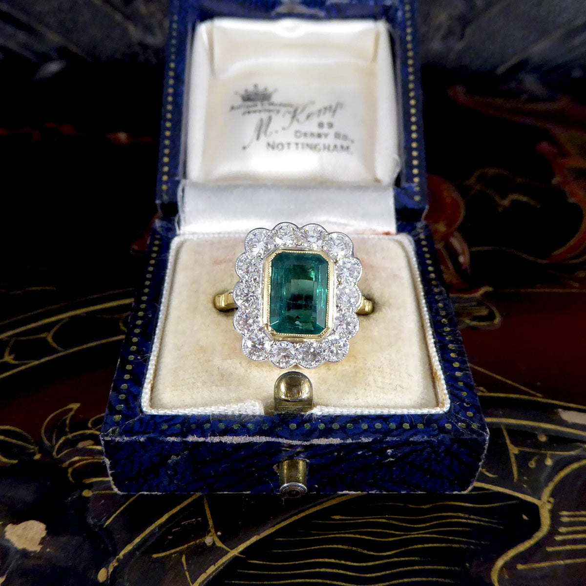 Contemporary Edwardian Style 2.50ct Emerald and 1.20ct Diamond Cluster Ring in 18ct Gold