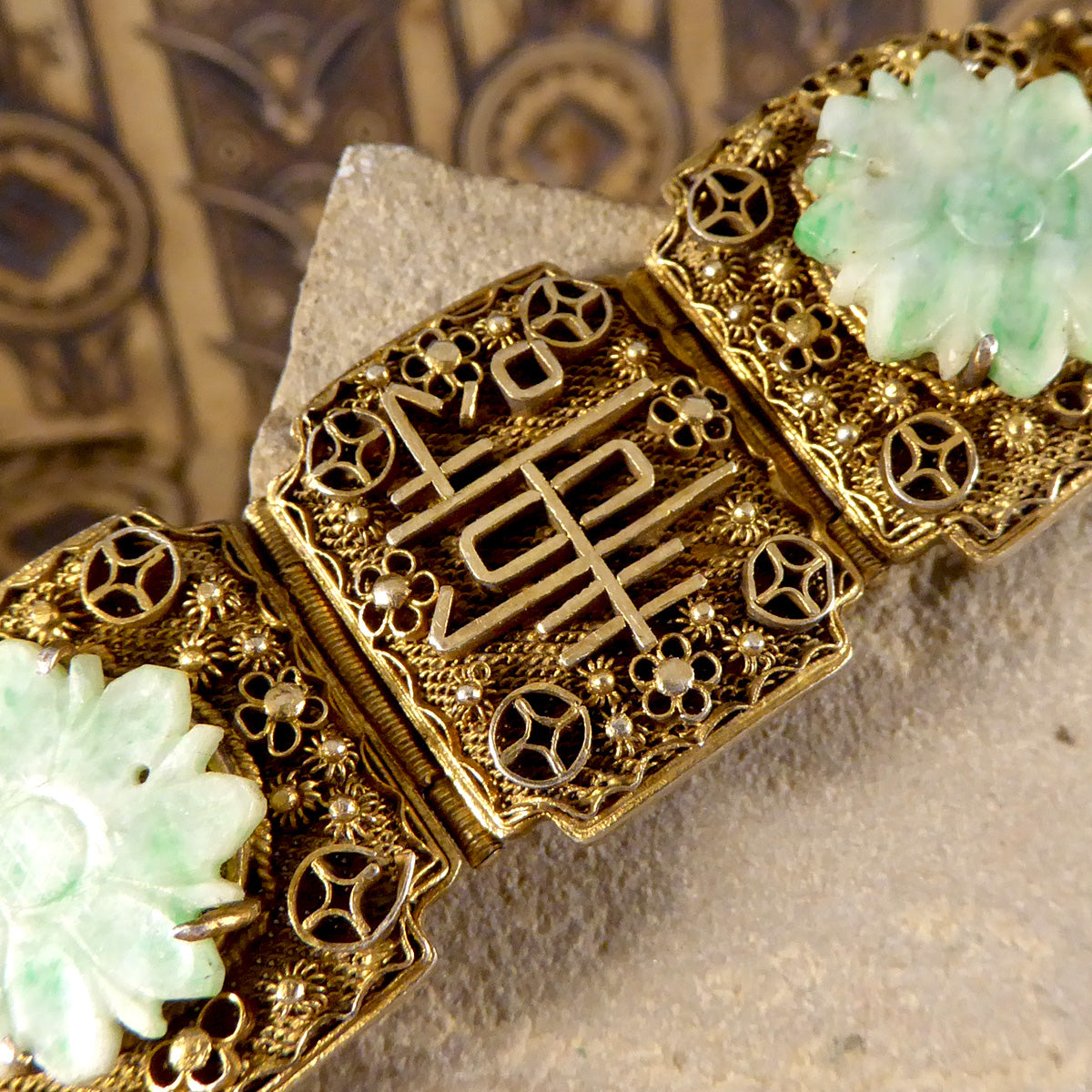Vintage Jade Carved Flowered Wide Panel Bracelet with Chinese Proverbs in Gold Plated Chinese Silver