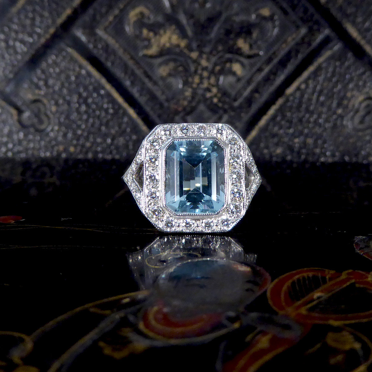 Art Deco Inspired 2.90ct Aquamarine and Diamond Cluster Ring with Diamond Shoulders in Platinum