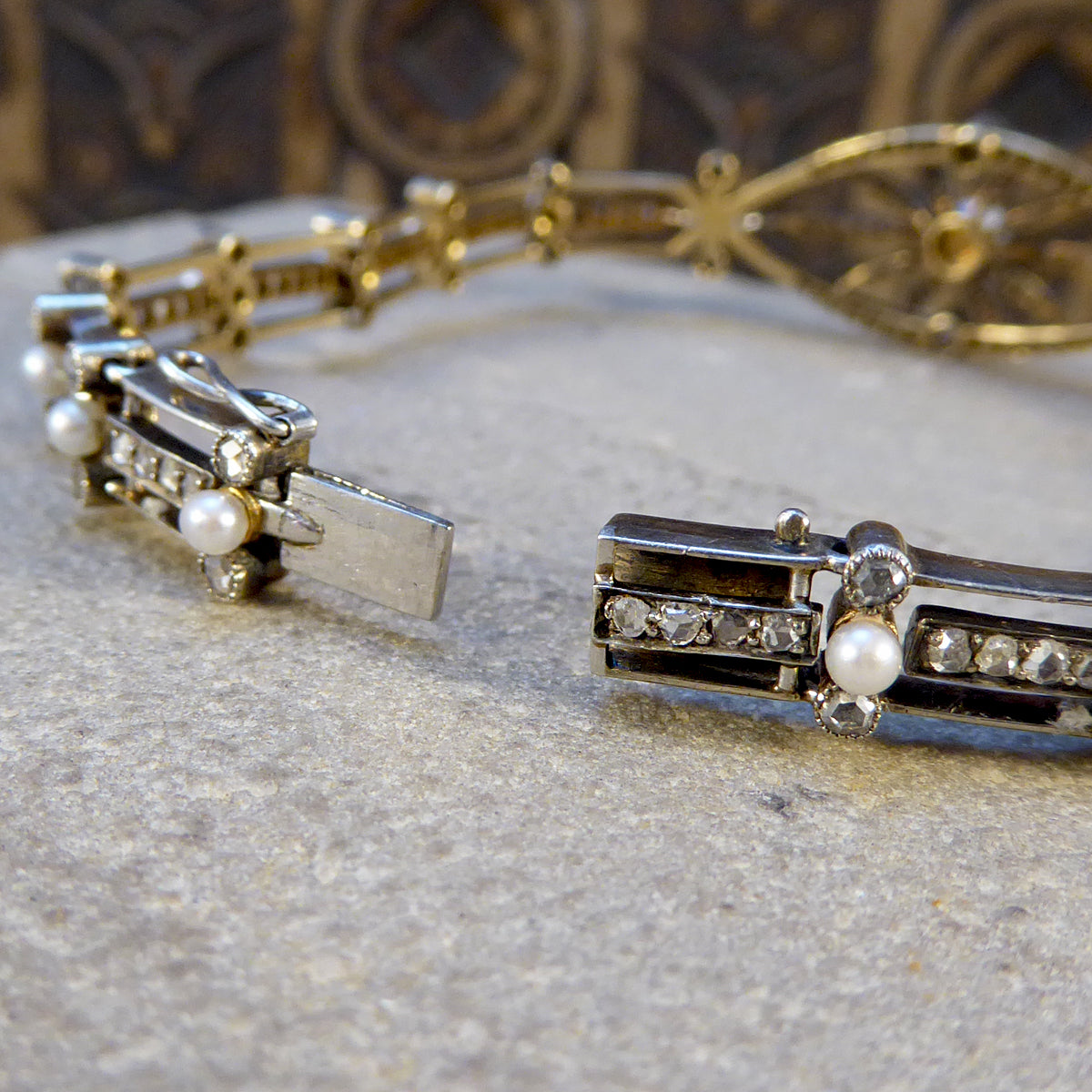 Late Victorian Diamond and Pearl Panel Bracelet in 15ct Yellow Gold and Silver