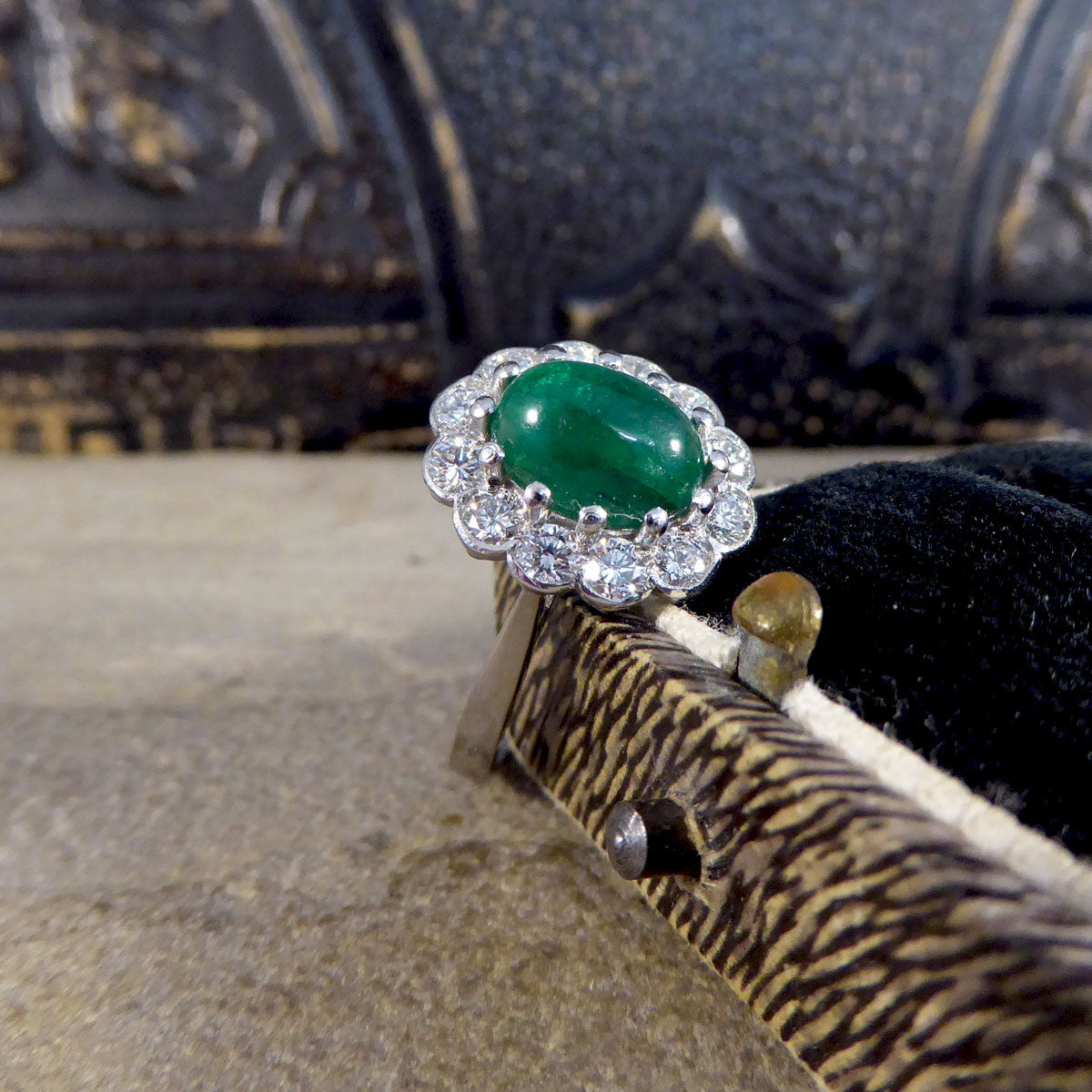 1.27ct Cabochon Emerald and 1.02ct Diamond Cluster Ring in Platinum