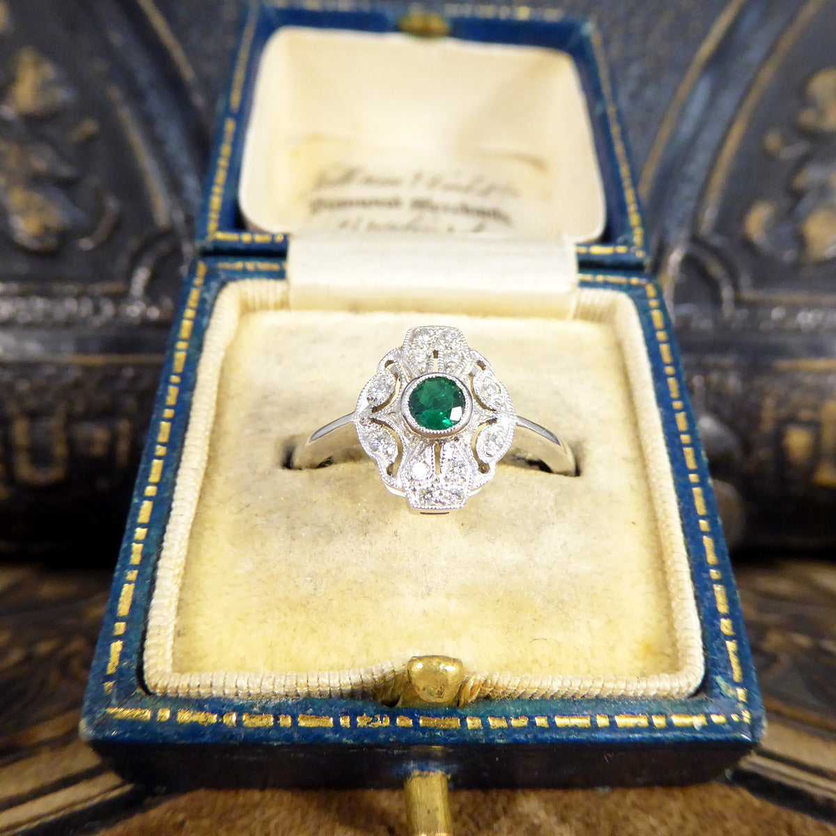 Premium Period Art Deco Replica Emerald and Diamond Plaque Ring in 18ct White Gold