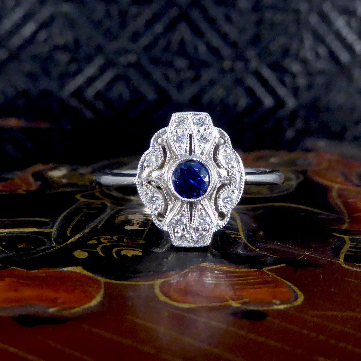 Premium Period Art Deco Replica Sapphire and Diamond Plaque Ring in 18ct White Gold