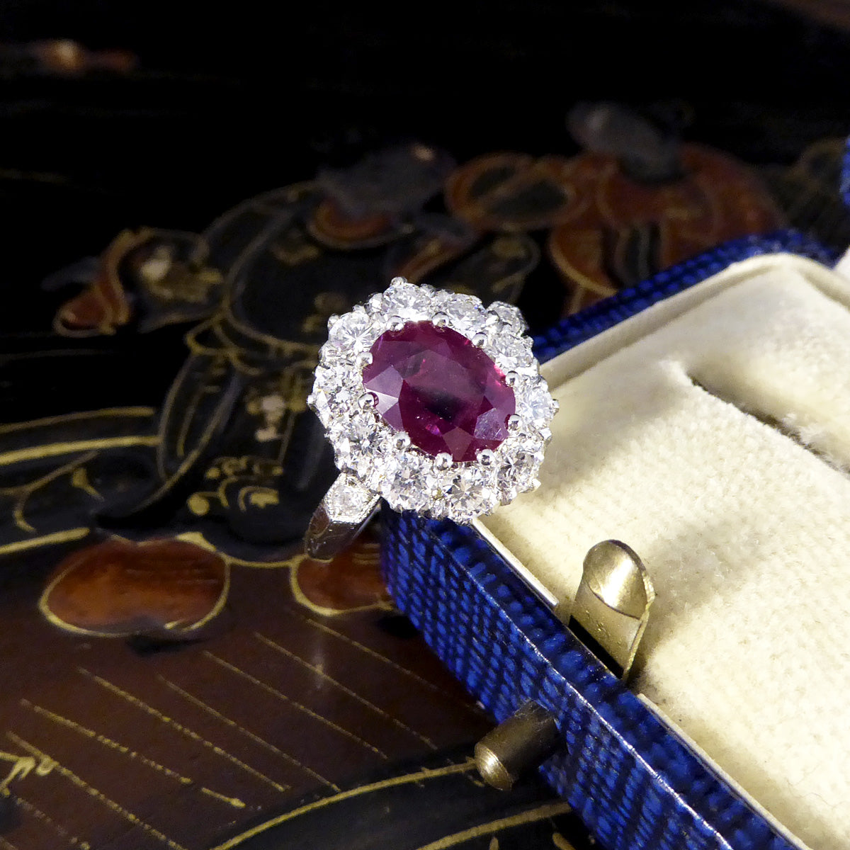 Contemporary 1.28ct Ruby and 0.95ct Diamond Cluster Ring in Platinum