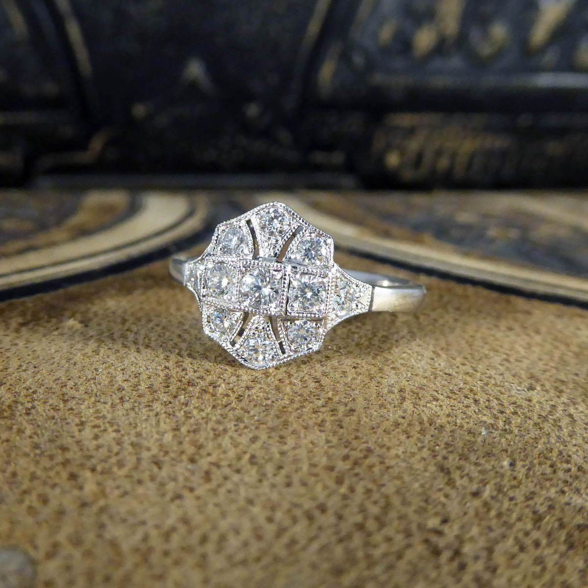 Quality Art Deco Replica Diamond Plaque Ring in 18ct White Gold