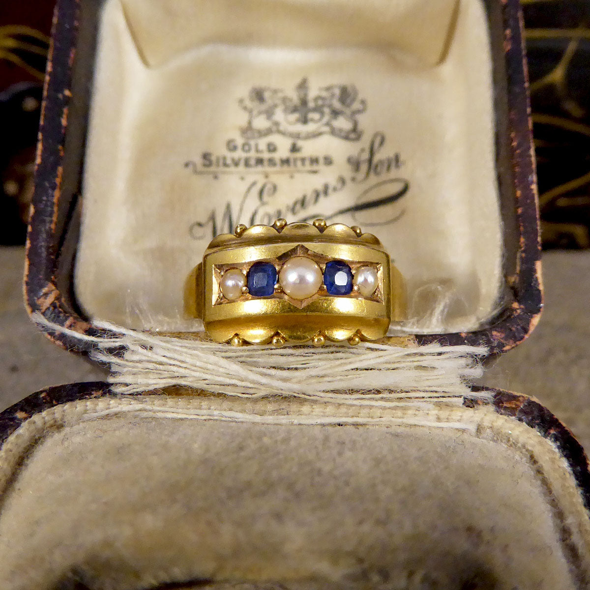 Antique Late Victorian Sapphire and Pearl Five Stone Ring in 15ct Yellow Gold