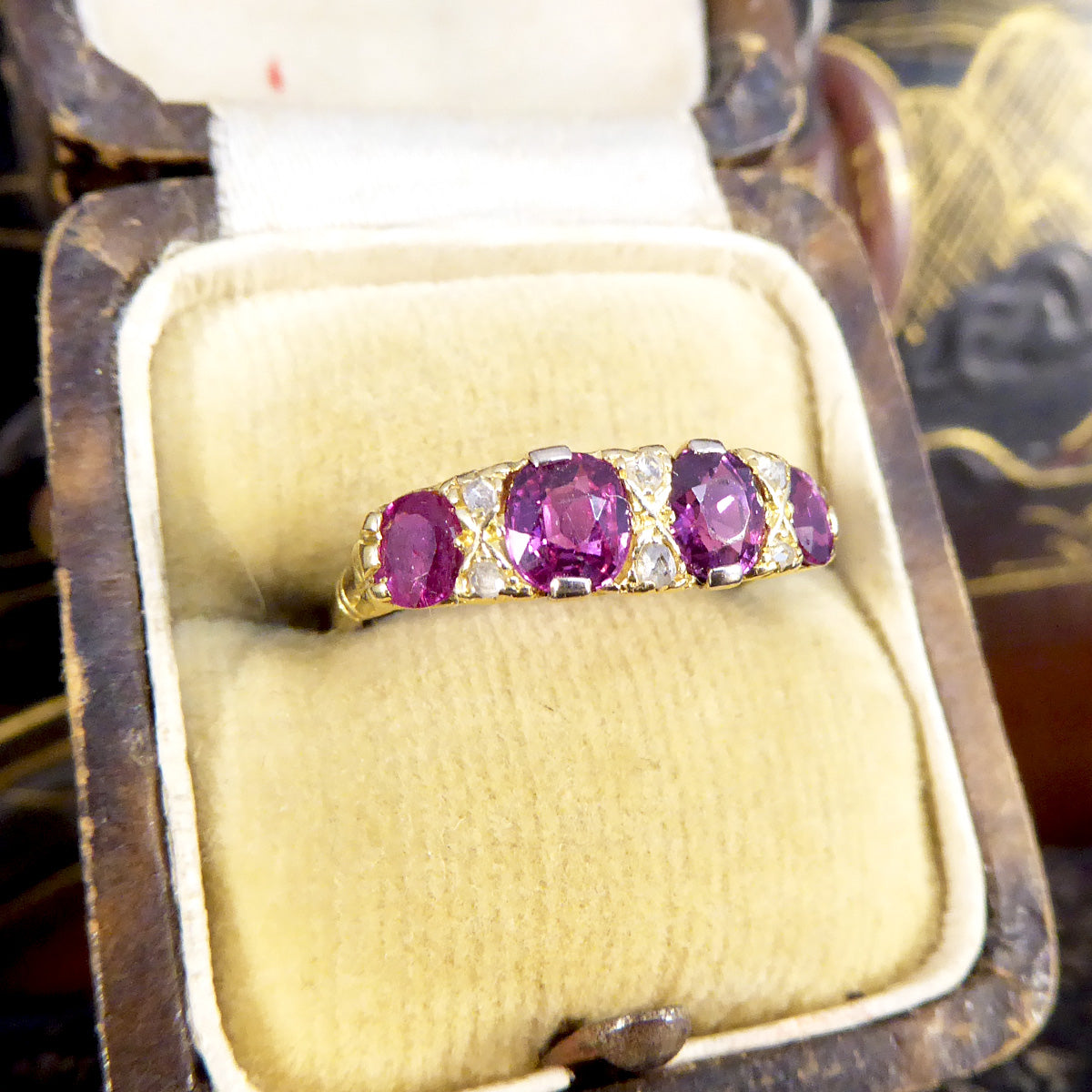 Antique Edwardian 1.18ct Ruby Four Stone Ring with Diamond Spacers Modelled in 18ct Yellow Gold