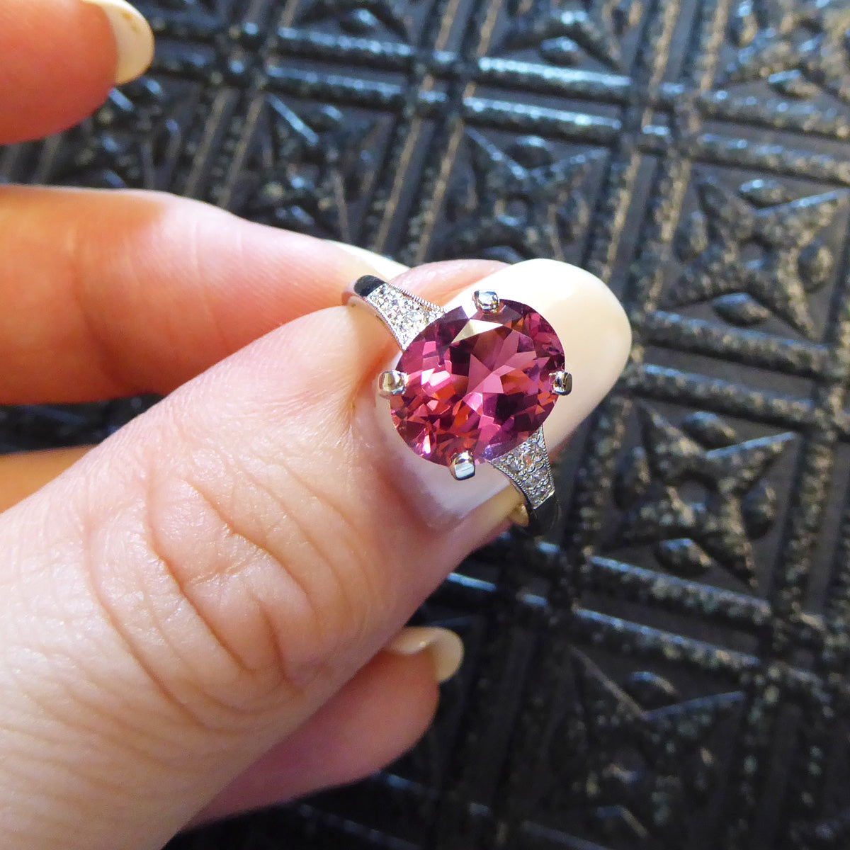 Premium Period Deco Replica 2.38ct Pink Tourmaline and Diamond Ring in 18ct White Gold