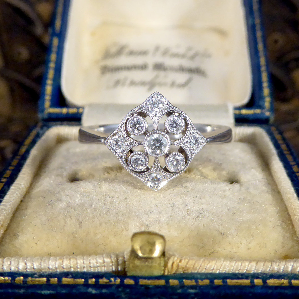 1920's Period Replica Geometric Pattern Diamond Ring in 18ct White Gold