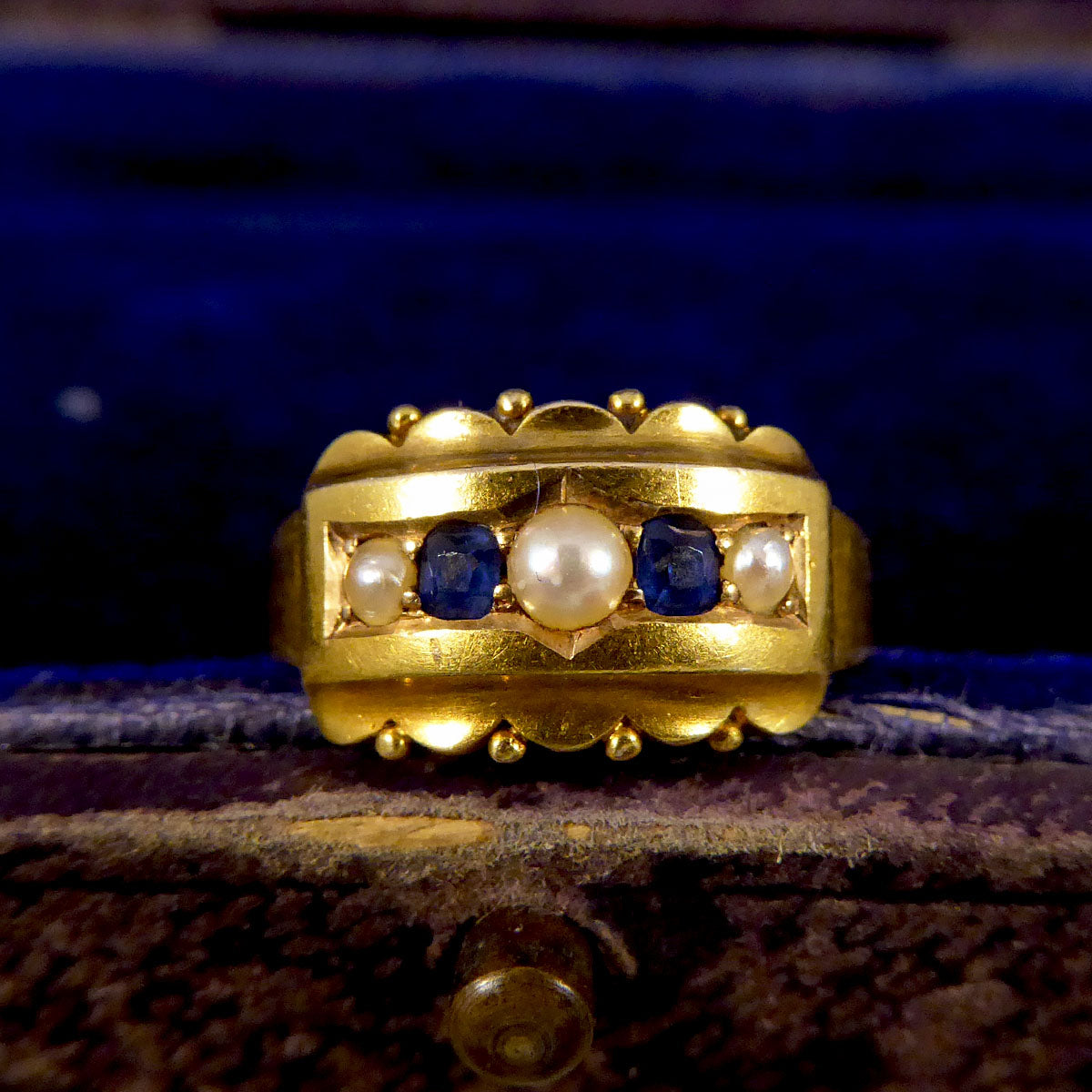 Antique Late Victorian Sapphire and Pearl Five Stone Ring in 15ct Yellow Gold