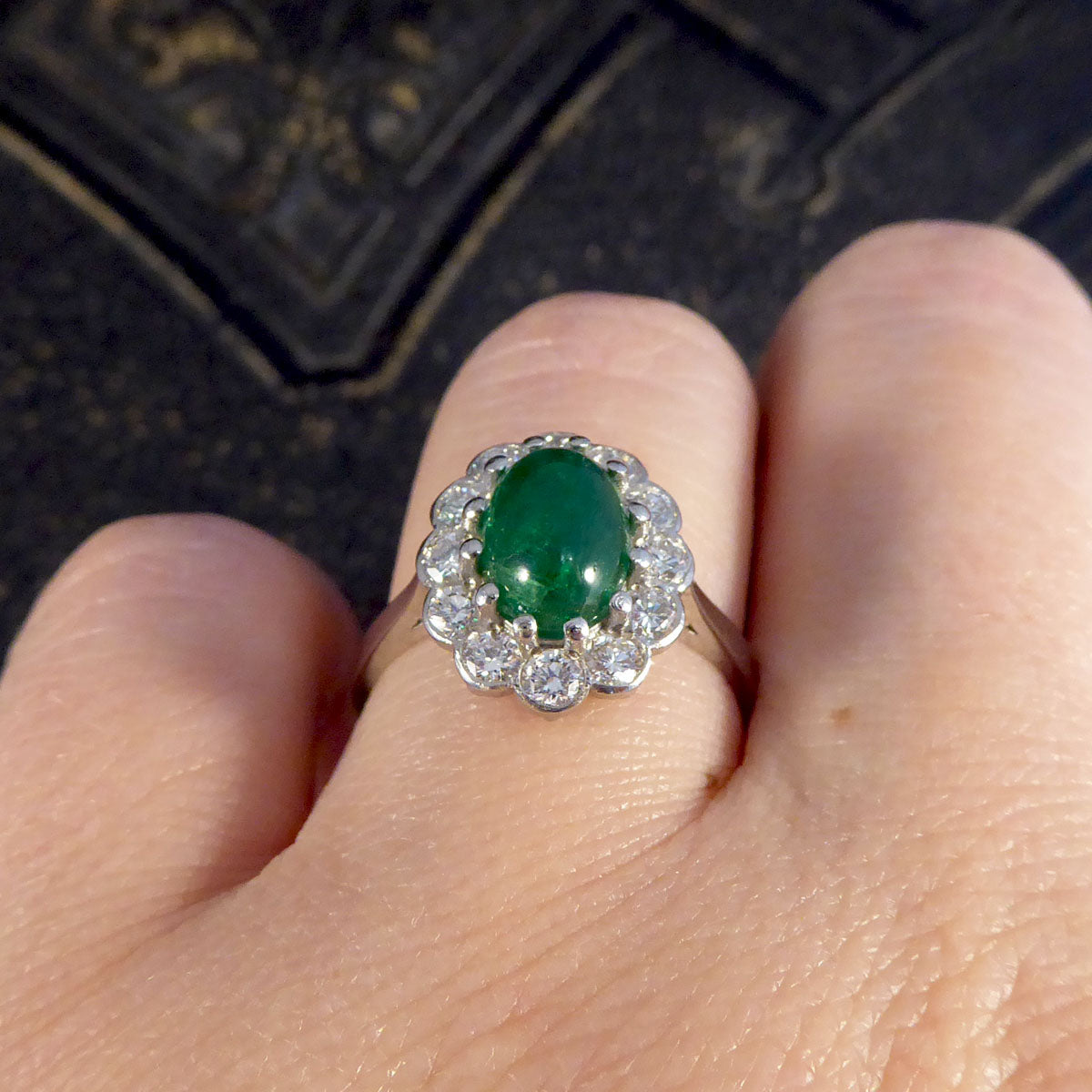 1.27ct Cabochon Emerald and 1.02ct Diamond Cluster Ring in Platinum