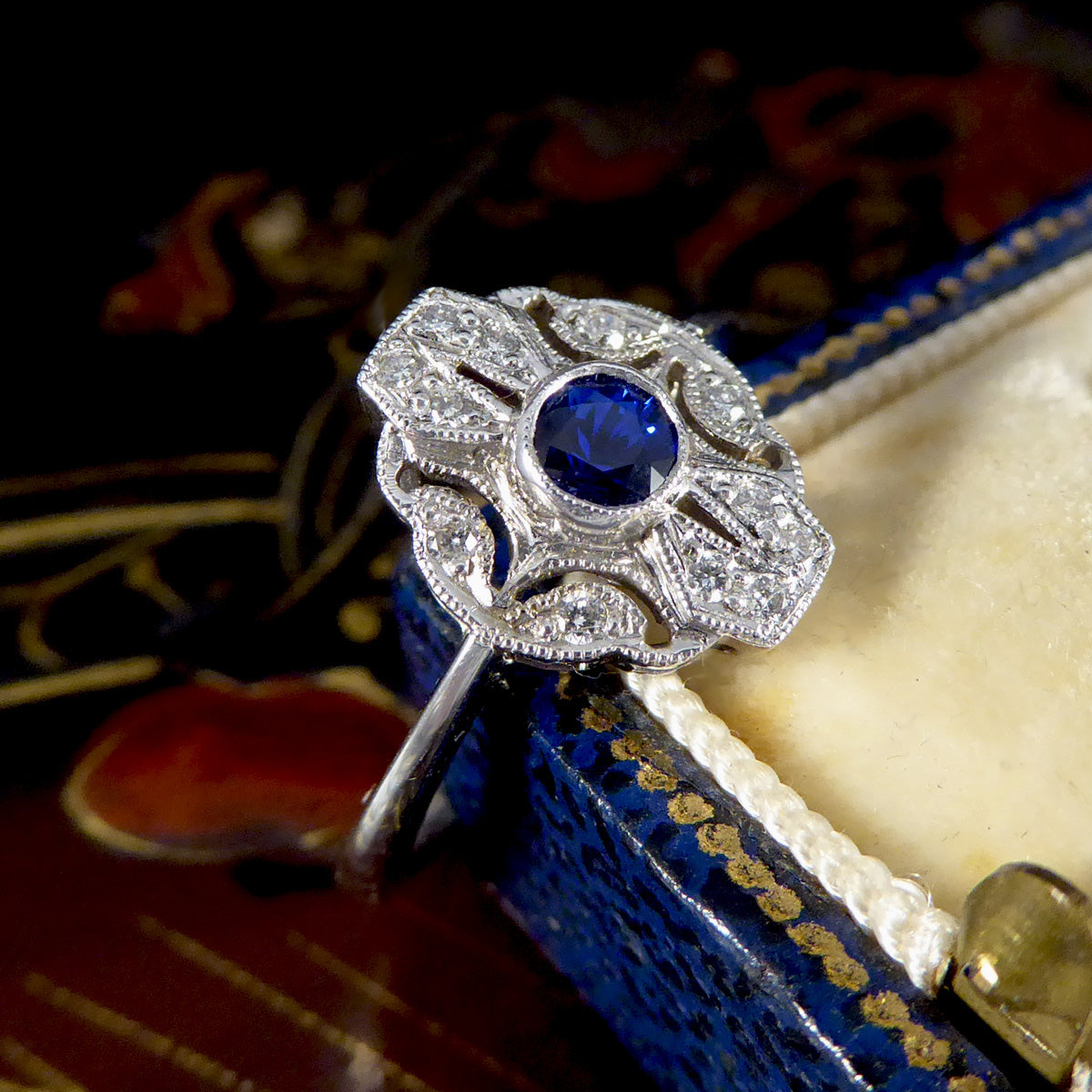 Premium Period Art Deco Replica Sapphire and Diamond Plaque Ring in 18ct White Gold