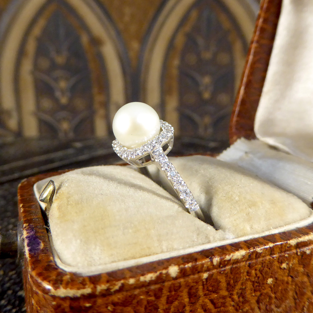 Fresh Water Culture Pearl and Diamond Square Halo Ring in White Gold