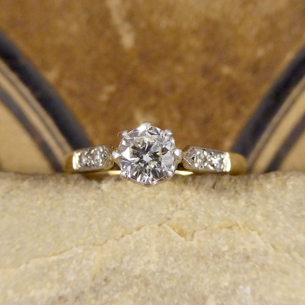1920's Diamond Solitaire Ring with Diamond set Shoulders in 18ct Yellow Gold and Platinum