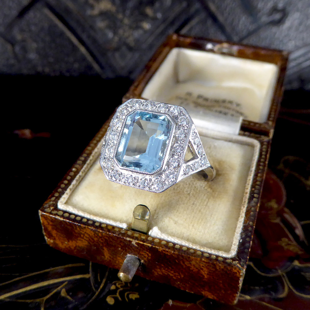 Art Deco Inspired 2.90ct Aquamarine and Diamond Cluster Ring with Diamond Shoulders in Platinum