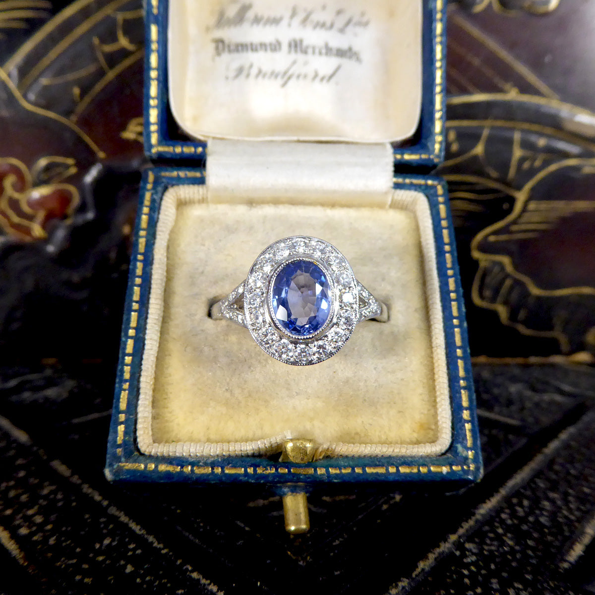 Art Deco Style 1.50ct Sapphire and Diamond Cluster Ring with Diamond Shoulders in Platinum